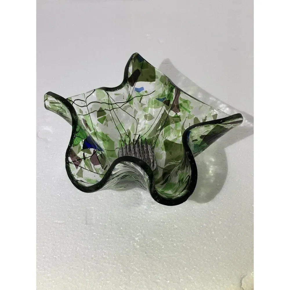 Folded  Hankerchif Clear W/ Blue‎ Green Glass / Votive Holder / With Flower Frog